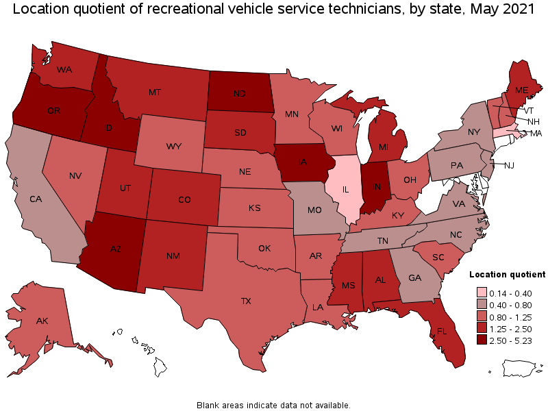 Map of location quotient of recreational vehicle service technicians by state, May 2021