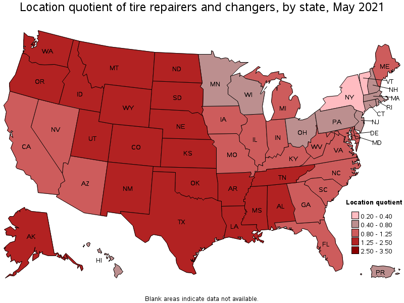 Map of location quotient of tire repairers and changers by state, May 2021
