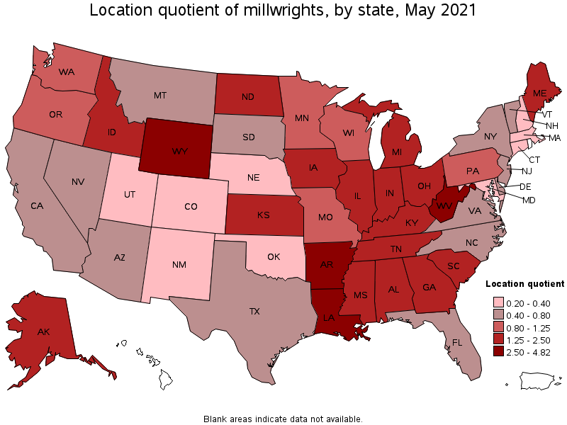 Map of location quotient of millwrights by state, May 2021