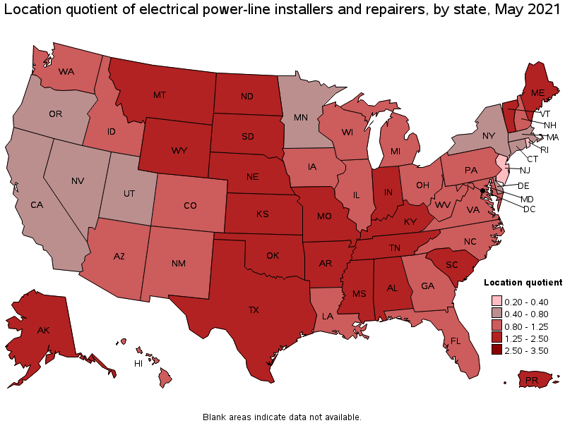 Map of location quotient of electrical power-line installers and repairers by state, May 2021