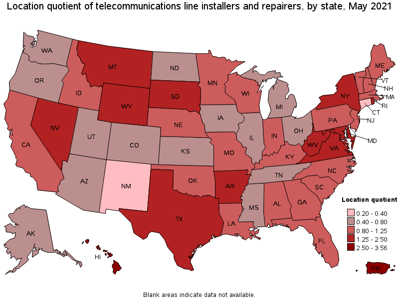 Map of location quotient of telecommunications line installers and repairers by state, May 2021
