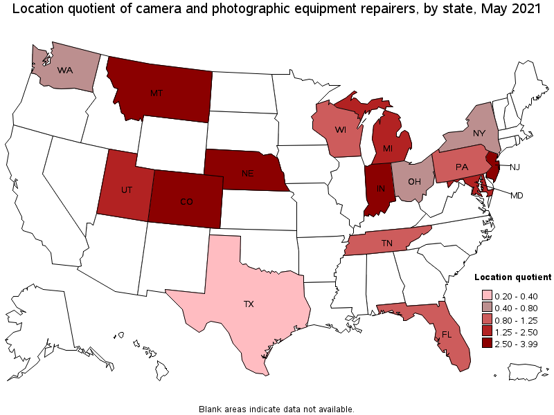 Map of location quotient of camera and photographic equipment repairers by state, May 2021