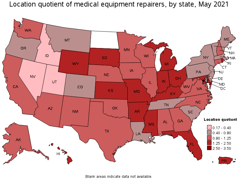 Map of location quotient of medical equipment repairers by state, May 2021