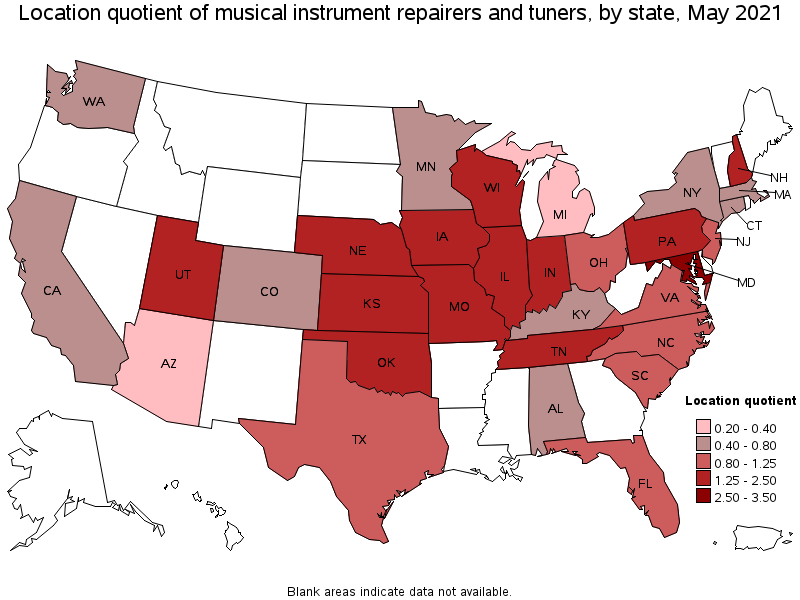 Map of location quotient of musical instrument repairers and tuners by state, May 2021