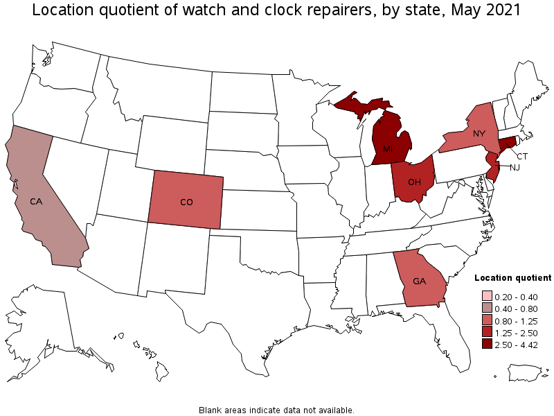 Map of location quotient of watch and clock repairers by state, May 2021