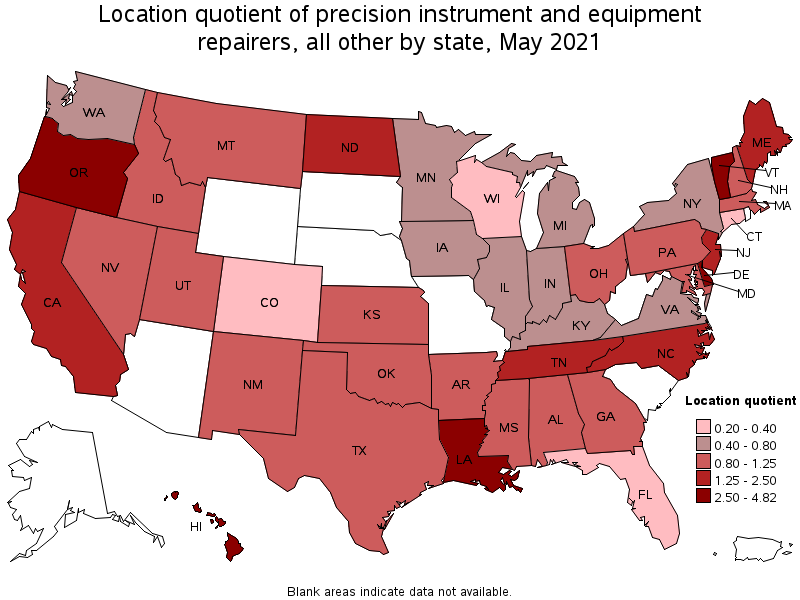 Map of location quotient of precision instrument and equipment repairers, all other by state, May 2021