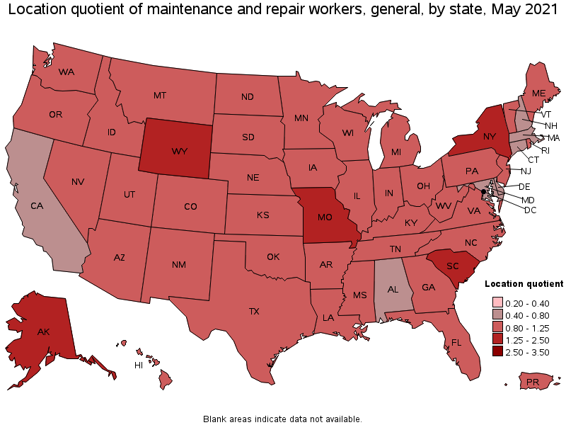 Map of location quotient of maintenance and repair workers, general by state, May 2021