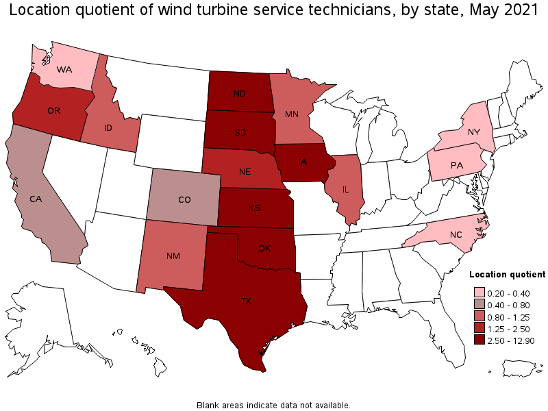 Map of location quotient of wind turbine service technicians by state, May 2021
