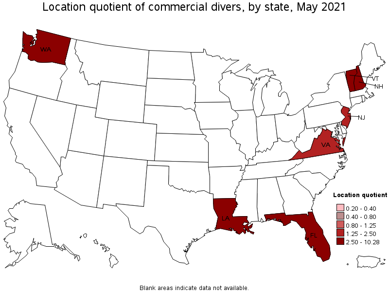 Map of location quotient of commercial divers by state, May 2021