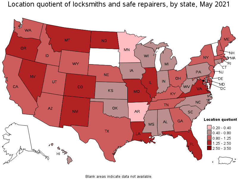 Map of location quotient of locksmiths and safe repairers by state, May 2021