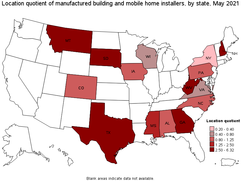 Map of location quotient of manufactured building and mobile home installers by state, May 2021