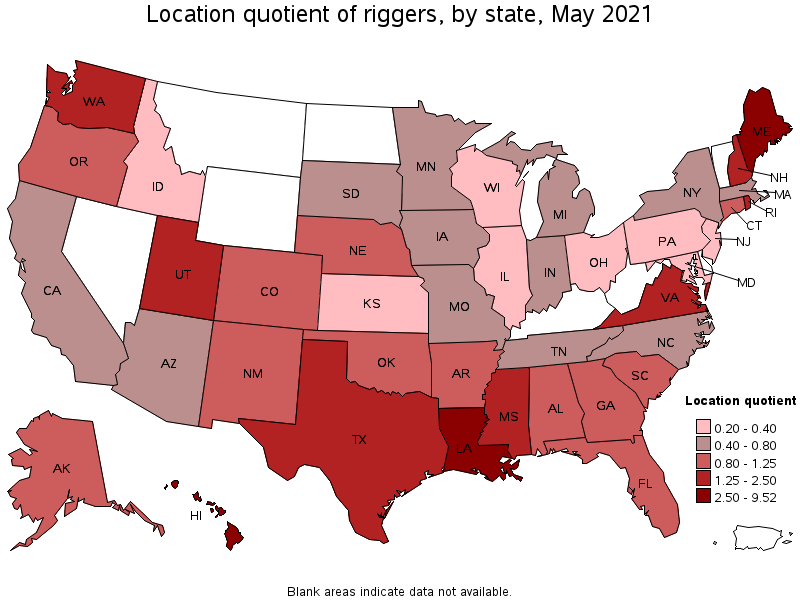 Map of location quotient of riggers by state, May 2021