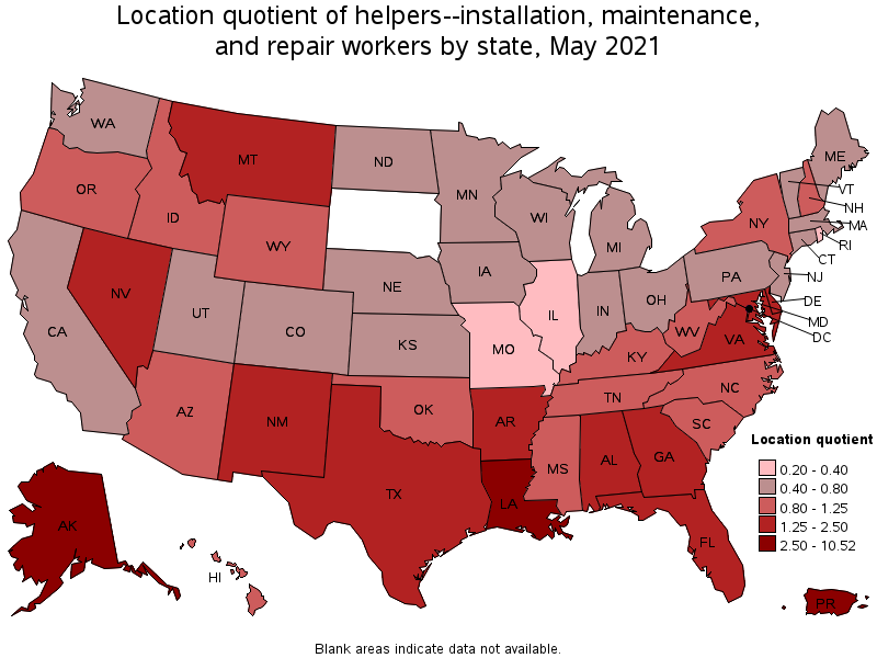 Map of location quotient of helpers--installation, maintenance, and repair workers by state, May 2021