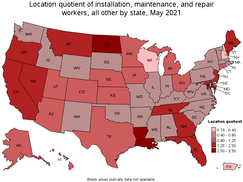 Map of location quotient of installation, maintenance, and repair workers, all other by state, May 2021