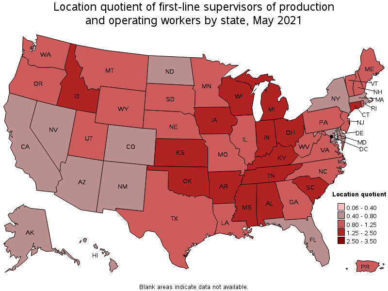 Map of location quotient of first-line supervisors of production and operating workers by state, May 2021
