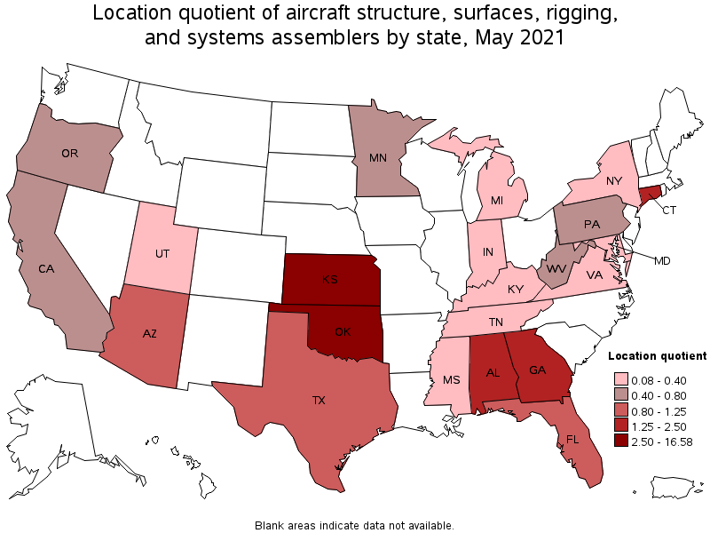 Map of location quotient of aircraft structure, surfaces, rigging, and systems assemblers by state, May 2021