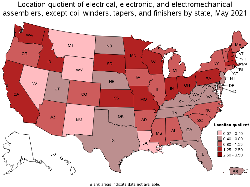 Map of location quotient of electrical, electronic, and electromechanical assemblers, except coil winders, tapers, and finishers by state, May 2021