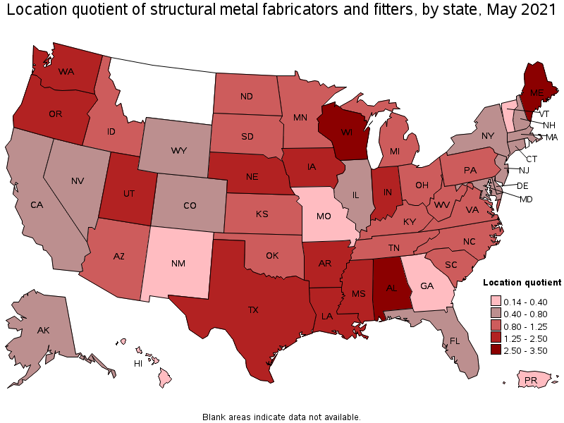 Map of location quotient of structural metal fabricators and fitters by state, May 2021