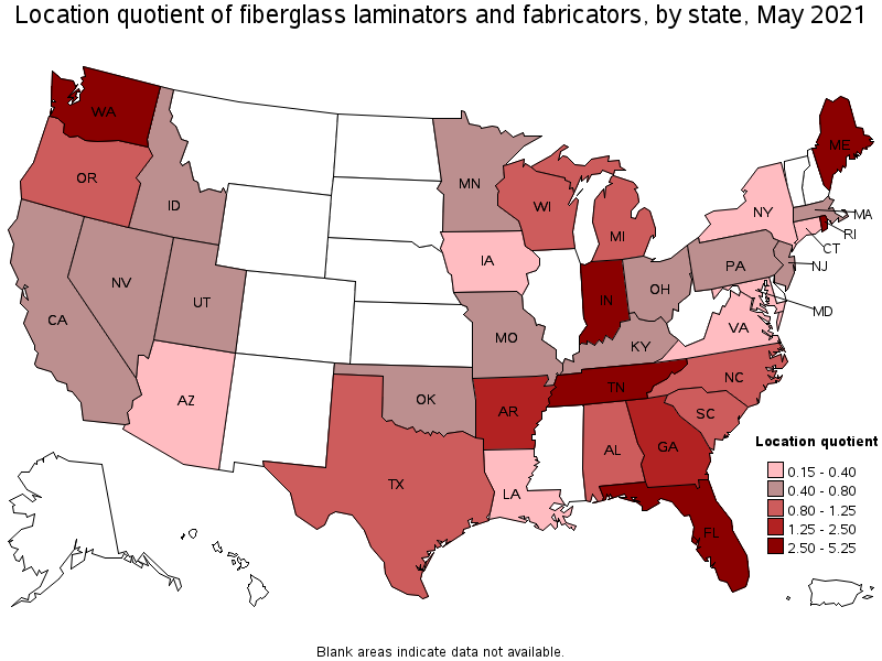Map of location quotient of fiberglass laminators and fabricators by state, May 2021