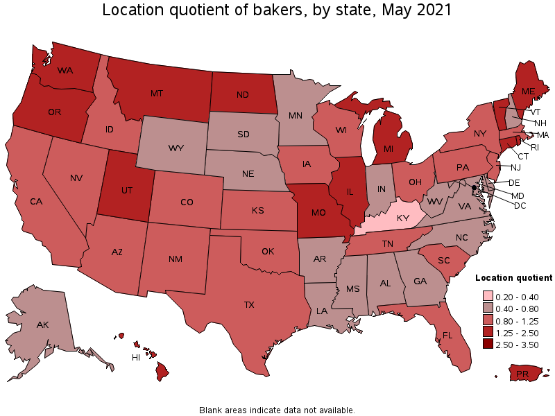 Map of location quotient of bakers by state, May 2021