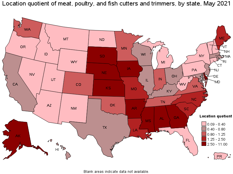 Map of location quotient of meat, poultry, and fish cutters and trimmers by state, May 2021