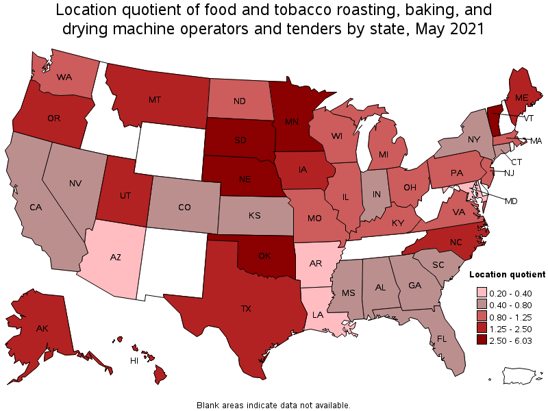 Map of location quotient of food and tobacco roasting, baking, and drying machine operators and tenders by state, May 2021