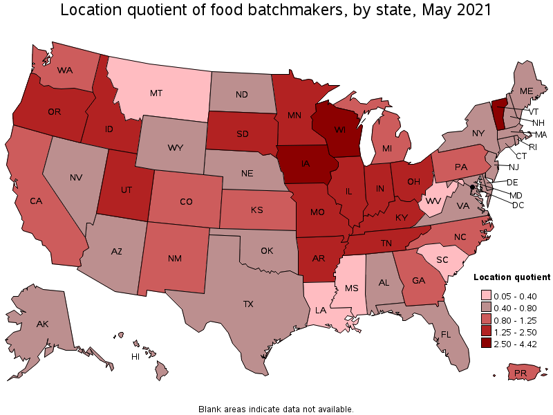 Map of location quotient of food batchmakers by state, May 2021