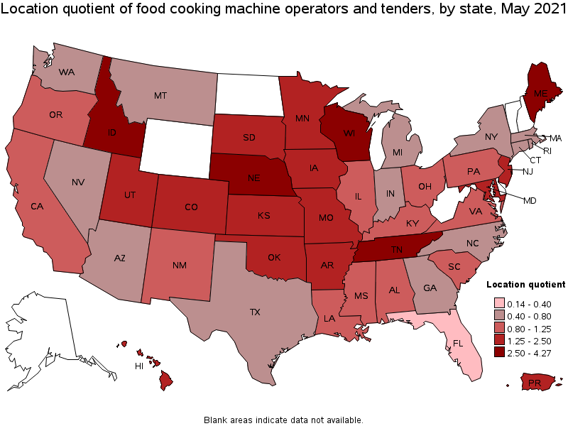 Map of location quotient of food cooking machine operators and tenders by state, May 2021