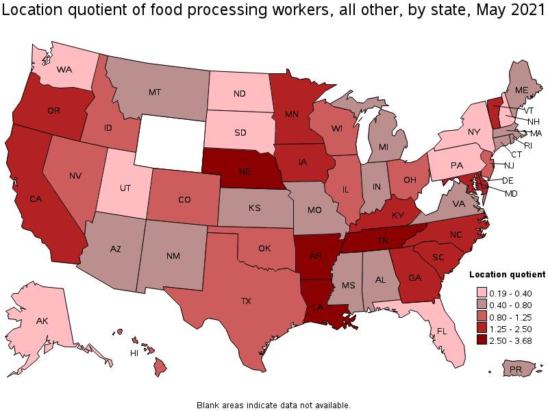 Map of location quotient of food processing workers, all other by state, May 2021