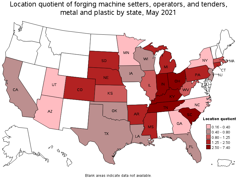 Map of location quotient of forging machine setters, operators, and tenders, metal and plastic by state, May 2021