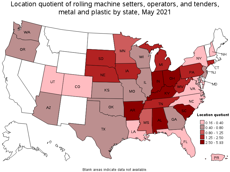 Map of location quotient of rolling machine setters, operators, and tenders, metal and plastic by state, May 2021