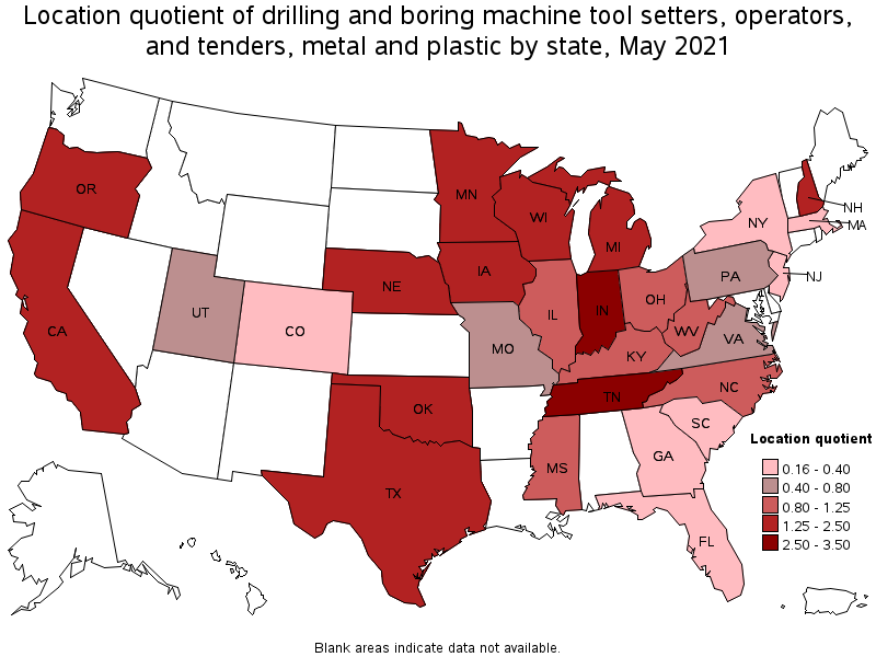 Map of location quotient of drilling and boring machine tool setters, operators, and tenders, metal and plastic by state, May 2021