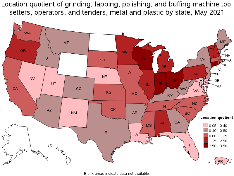 Map of location quotient of grinding, lapping, polishing, and buffing machine tool setters, operators, and tenders, metal and plastic by state, May 2021