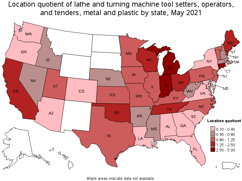 Map of location quotient of lathe and turning machine tool setters, operators, and tenders, metal and plastic by state, May 2021