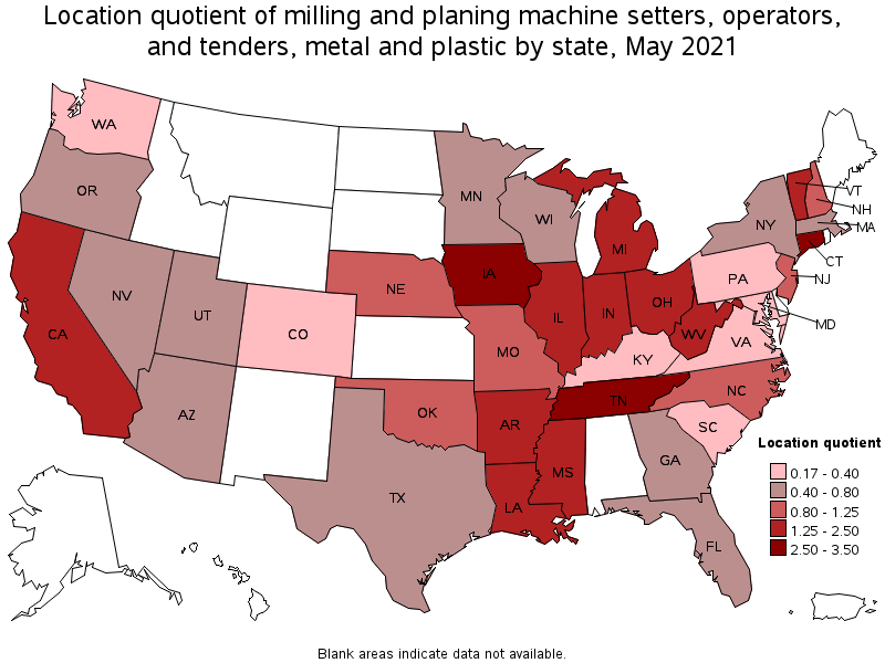 Map of location quotient of milling and planing machine setters, operators, and tenders, metal and plastic by state, May 2021