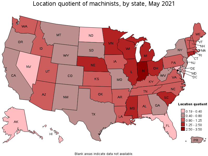 Map of location quotient of machinists by state, May 2021