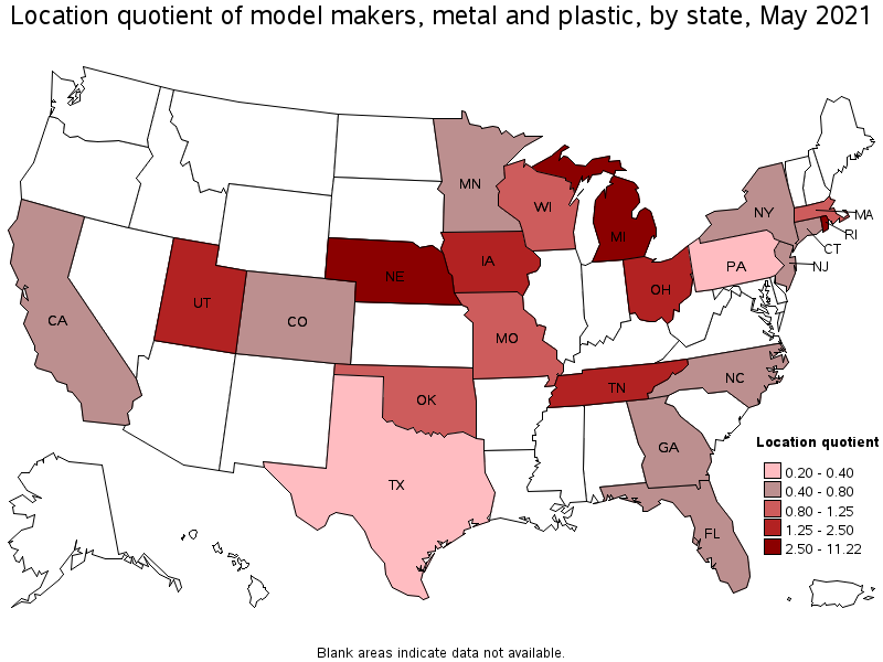 Map of location quotient of model makers, metal and plastic by state, May 2021