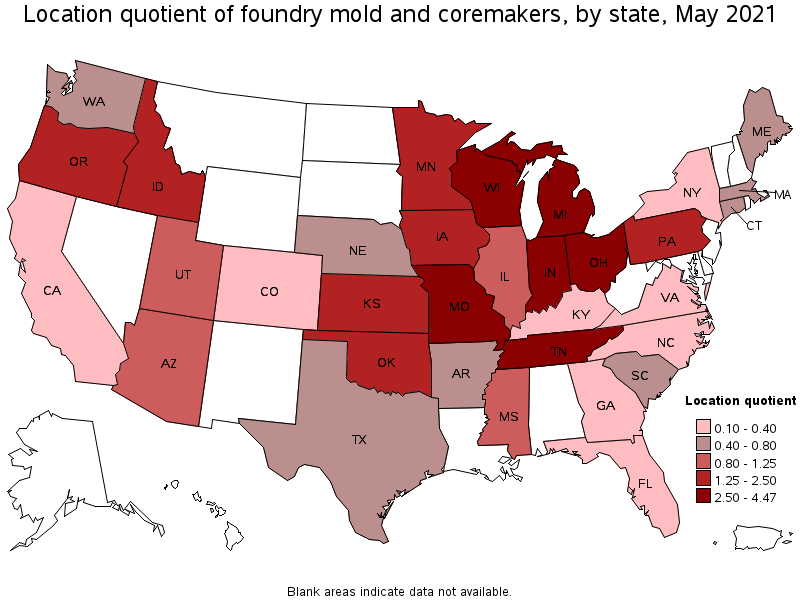 Map of location quotient of foundry mold and coremakers by state, May 2021