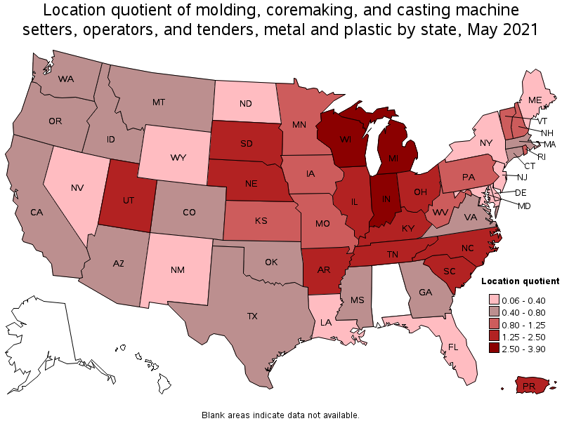 Map of location quotient of molding, coremaking, and casting machine setters, operators, and tenders, metal and plastic by state, May 2021