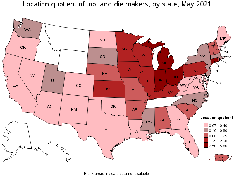 Map of location quotient of tool and die makers by state, May 2021