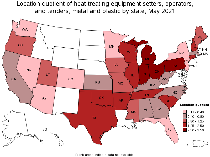 Map of location quotient of heat treating equipment setters, operators, and tenders, metal and plastic by state, May 2021