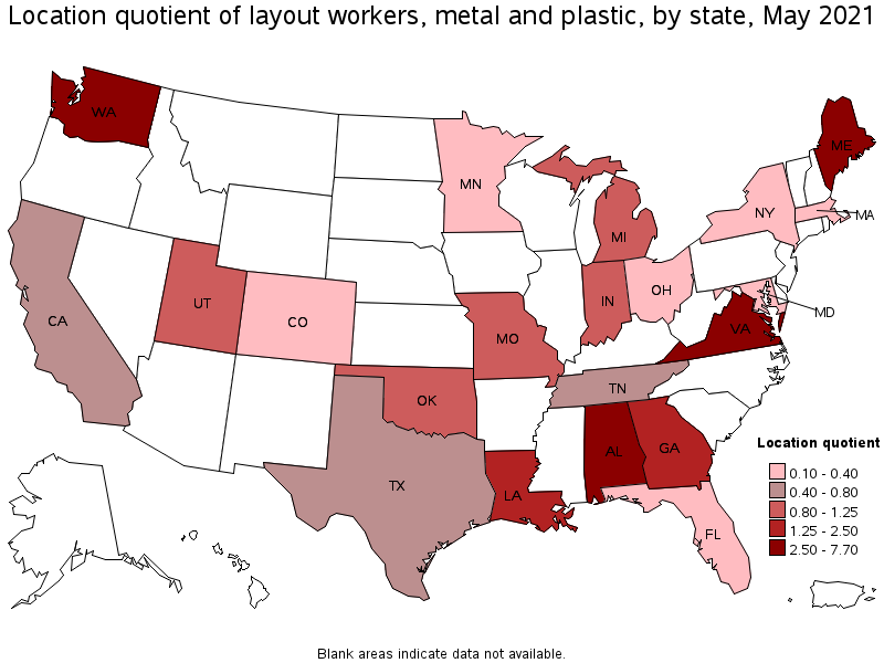 Map of location quotient of layout workers, metal and plastic by state, May 2021