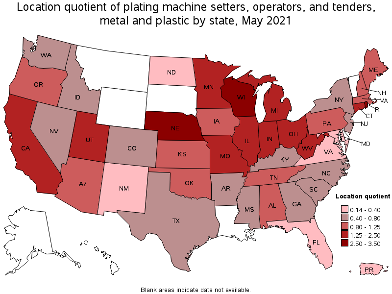 Map of location quotient of plating machine setters, operators, and tenders, metal and plastic by state, May 2021