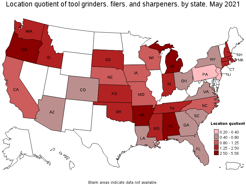 Map of location quotient of tool grinders, filers, and sharpeners by state, May 2021