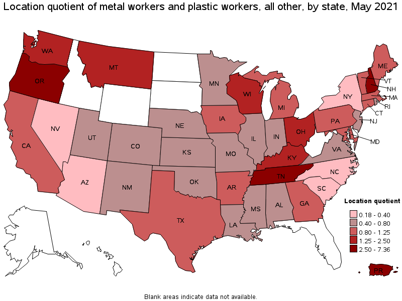 Map of location quotient of metal workers and plastic workers, all other by state, May 2021