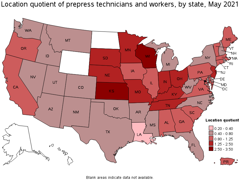 Map of location quotient of prepress technicians and workers by state, May 2021