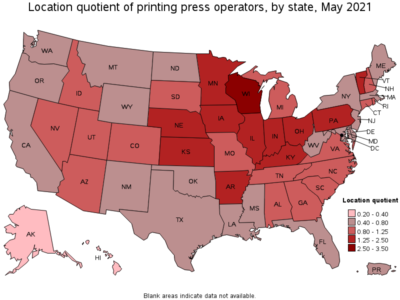 Map of location quotient of printing press operators by state, May 2021