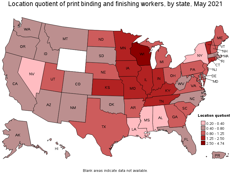 Map of location quotient of print binding and finishing workers by state, May 2021