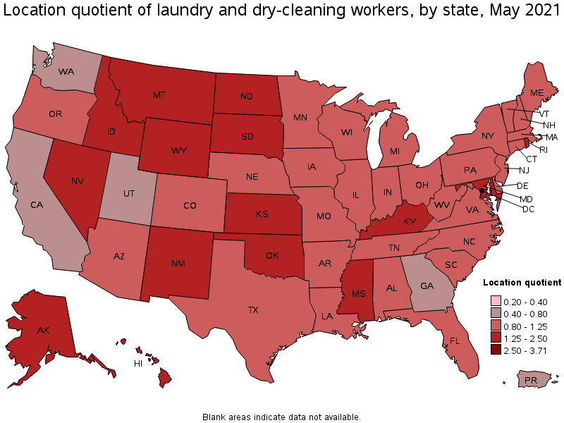 Map of location quotient of laundry and dry-cleaning workers by state, May 2021