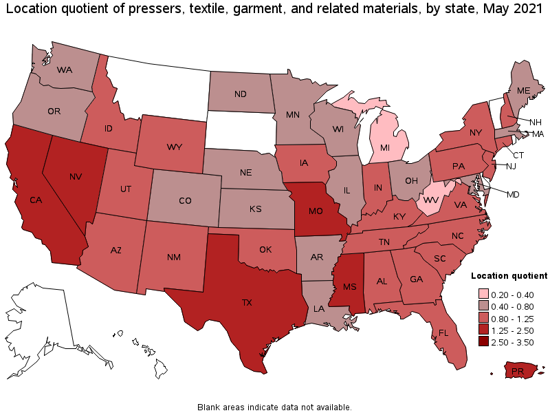 Map of location quotient of pressers, textile, garment, and related materials by state, May 2021